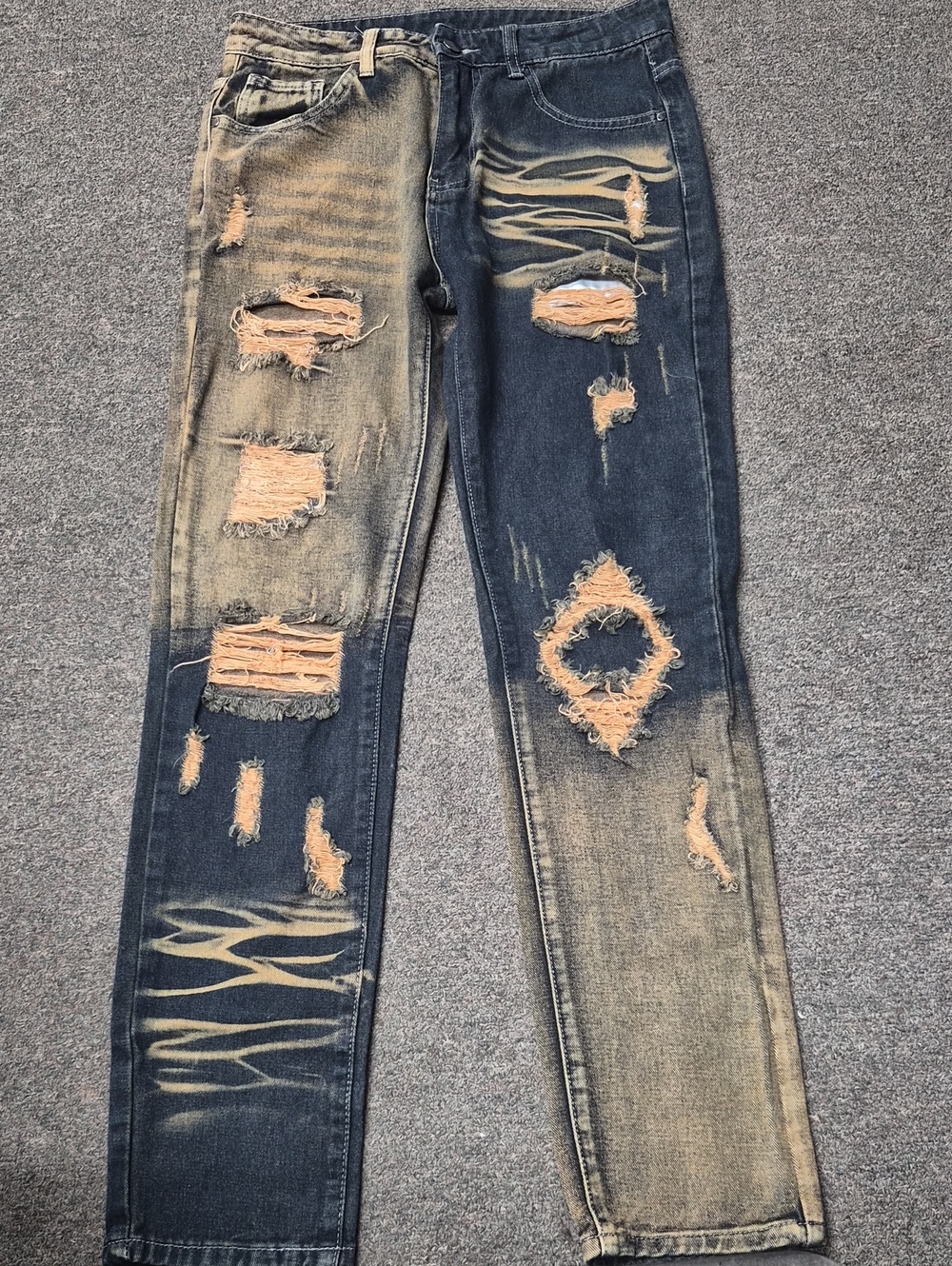 Distressed Two-Tone Men’s Jeans - Washed Blue/Beige